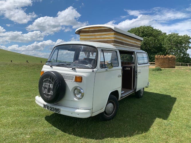 White with pop up roof Devon conversion, 1977 T2